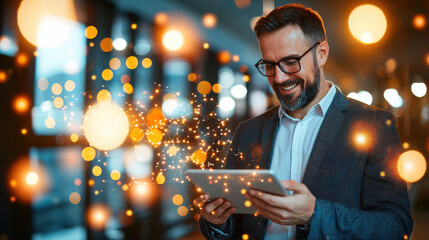Poster - smiling man in suit uses tablet, surrounded by glowing particles, showcasing technology and innovation in modern setting