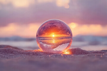 Wall Mural - crystal ball reflecting vibrant sunset on sandy beach, creating magical atmosphere