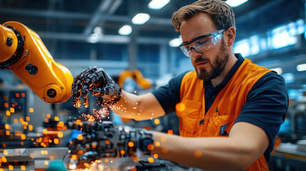 Aufkleber - skilled engineer programming robotic arm in modern factory, showcasing advanced technology and precision. scene is vibrant with sparks flying, highlighting innovation and teamwork