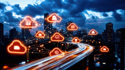 Leinwandbilder - visual concept of secure cloud computing with encrypted data connections, showcasing city skyline at dusk. image highlights digital cloud icons representing data security and connectivity