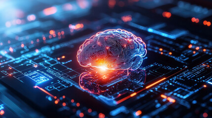 Aufkleber - AI brain glowing on digital circuit board, symbolizing technology and innovation in healthcare. vibrant colors and intricate patterns evoke sense of advanced intelligence