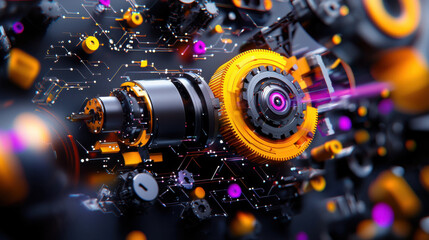 Aufkleber - Futuristic industrial machinery with vibrant colors and intricate details showcases advanced technology and innovation. design features gears, circuits, and dynamic elements