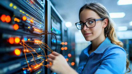 Fototapete - Engineer examining high performance server rack with glowing lights, showcasing technical expertise and focus in modern data center environment