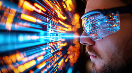 Wall Mural - Engineer wearing smart glasses, observing data streams and digital information. vibrant colors and dynamic visuals create futuristic atmosphere, showcasing technology impact