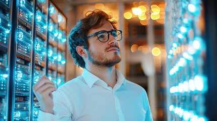 Fototapete - Engineer examining high performance server rack with blue lights, showcasing technology and innovation in modern data center