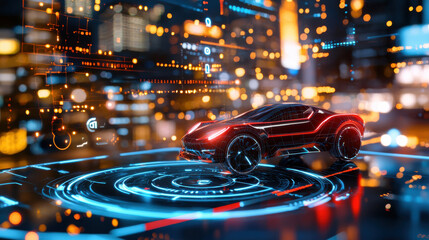Poster - Futuristic car design with digital interface and glowing city background, showcasing advanced technology and innovation in automotive engineering