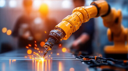 Leinwandbilder - Automated industrial robot welding components with sparks flying, showcasing advanced technology in manufacturing