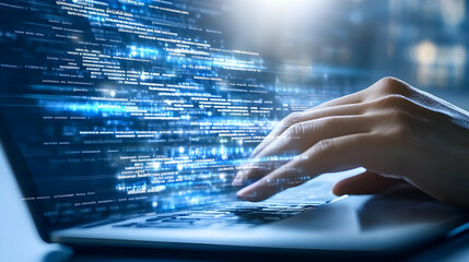 Programmer coding on laptop, digital data streams, night city background.  Website, software, technology, development