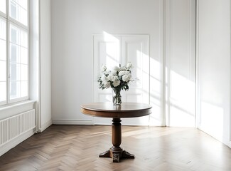 Wall Mural - Modern dining room with a herringbone parquet floor, white walls, and large windows