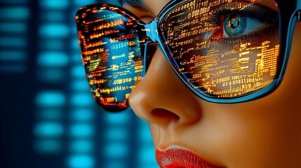 Woman's face reflected in glasses showing code.