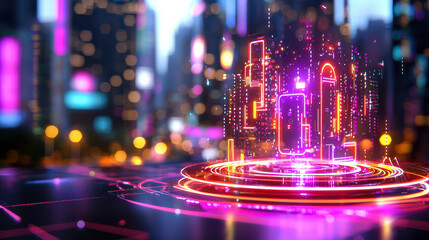 Poster - vibrant cityscape featuring glowing holographic elements and digital structures, showcasing futuristic urban environment filled with colorful lights and technology