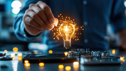 Aufkleber - Innovative startup showcasing advanced engineering with glowing light bulb symbolizing creativity and technology. scene captures essence of modern invention and inspiration