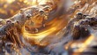 © LIDIIA - Golden Wave. Macro photograph of water splash creating wave formation with golden backlight and floating droplets.