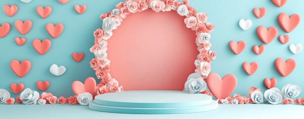 Poster - Creative Valentine's Day podium with paper cut out concept. Decorative floral backdrop with hearts for celebrations and events