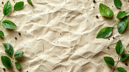 Aufkleber - Crumpled textured paper background with green leaves and specks, creating natural and eco friendly aesthetic. Perfect for design projects or presentations
