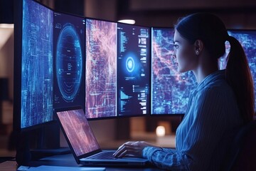 Wall Mural - Cybersecurity Analyst at Work: Focused female cybersecurity professional monitoring multiple screens displaying complex data and network maps.