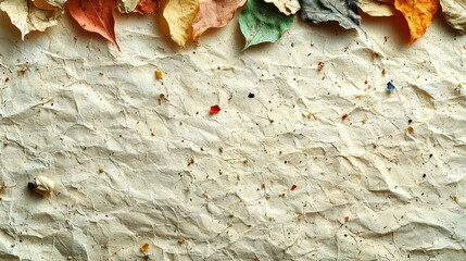 Poster - Crinkled paper background with colorful dried leaves at top, creating natural and textured aesthetic. Perfect for eco friendly designs and crafts