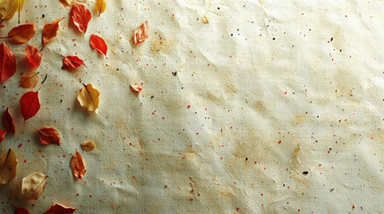 Poster - Fallen leaves on textured paper create natural, earthy background. warm colors of leaves contrast beautifully with light, neutral tones of paper, evoking sense of autumn