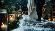 © Safail - A snowy outdoor wedding scene with a cozy, rustic vibe. The aisle is made of crushed snow, lined with evergreen garlands and candles in frosted glass jars. The bride wears a white fur shawl,