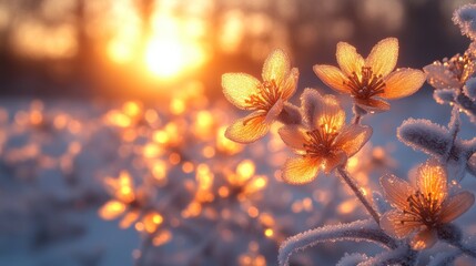 Aufkleber - A close-up of frosted flowers illuminated by a warm sunset glow.