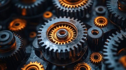 Fototapete - A close-up of interlocking gears showcasing intricate mechanical design and engineering.