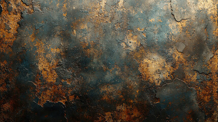 Poster - textured wall featuring vintage grunge patterns in blue and gold tones, showcasing weathered and artistic appearance. Ideal for interior decoration or background use