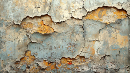 Poster - Peeling paint texture on weathered wall, showcasing layers of blue, gray, and orange. This vintage grunge surface adds character and depth to interior decoration