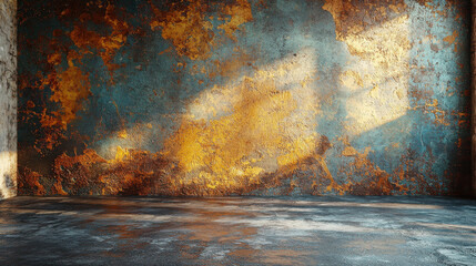 Poster - vintage grunge texture wall with blue and orange hues, creating dramatic interior backdrop. weathered surface adds character and depth to space