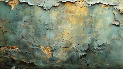 textured wall with peeling paint, showcasing vintage grunge aesthetic. surface features cracks and mix of green and gold tones, perfect for interior decoration