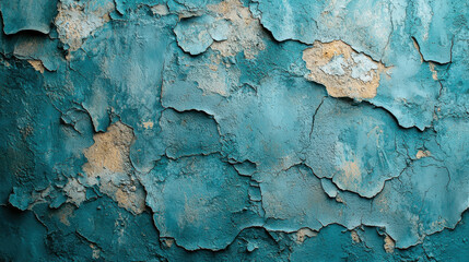Aufkleber - Peeling turquoise paint on textured wall creates vintage, grunge aesthetic. cracked surface reveals layers of color, adding depth and character to interior space