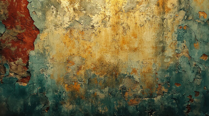 Poster - vintage grunge texture wall with peeling paint in earthy tones, showcasing blend of red, gold, and teal colors. This distressed surface adds character and depth to any interior space