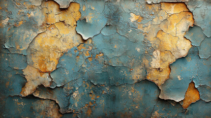 Poster - vintage grunge texture wall with peeling paint in blue and yellow tones, showcasing distressed and weathered appearance. This textured surface adds character to any interior space