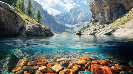 Sticker - Mountain Lake Scene with Underwater Rocks and Clear Water