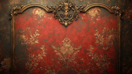 Poster - Vintage ornate wall decoration with rich red and gold textures, featuring intricate patterns and decorative frame. This elegant design adds touch of classic charm to any interior space