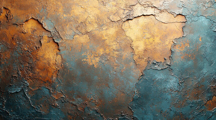 Aufkleber - Textured wall with vintage grunge finish in blue and gold tones, showcasing peeling paint and intricate patterns, perfect for interior decoration