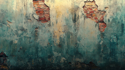 Poster - vintage grunge texture wall featuring peeling paint and exposed bricks, creating rustic and weathered appearance. This backdrop adds character and depth to any interior space