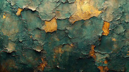 Poster - textured wall with peeling paint in shades of teal and gold, showcasing vintage and grunge aesthetic. intricate patterns create unique and artistic backdrop