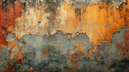Poster - vintage grunge texture wall with peeling paint in orange, red, and blue tones, showcasing weathered and rustic appearance, perfect for interior decoration