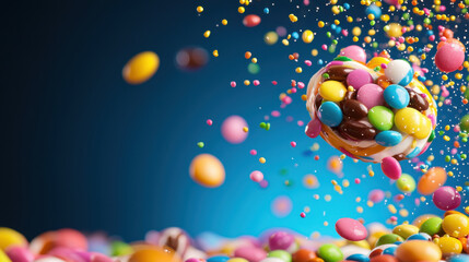 Poster - Colorful candies and sweets scattered in playful manner, creating vibrant and joyful atmosphere. image captures essence of fun and indulgence in confectionery delights