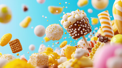 Poster - Delightful assortment of colorful candies and confectionery floating in air, showcasing vibrant and playful atmosphere. Perfect for sweet treats and dessert themes