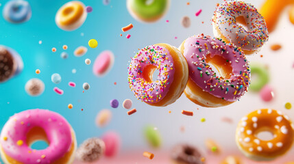 Poster - playful image of donuts floating in mid air with vibrant colors and sprinkles, creating whimsical and joyful atmosphere