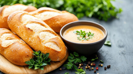 Aufkleber - Fresh bread loaves on wooden board with bowl of soup, garnished with herbs. rustic setting evokes warmth and comfort, perfect for cozy meal