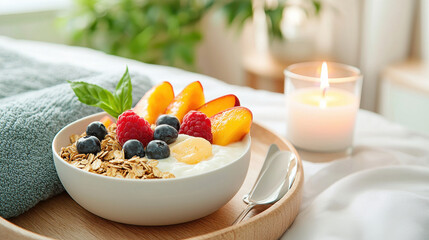 Poster - serene breakfast in bed featuring bowl of yogurt, granola, fresh fruits, and lit candle creates cozy atmosphere. Enjoy tranquility of this delightful morning scene