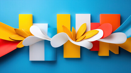 Aufkleber - Colorful abstract design with paper shapes and flowers on blue background. This vibrant composition features yellow, white, red, and blue elements, creating lively and artistic atmosphere