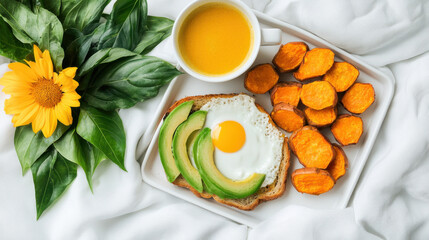 Poster - vibrant vegan breakfast in bed featuring avocado toast, sweet potatoes, and cup of orange juice, surrounded by fresh greenery and sunflower