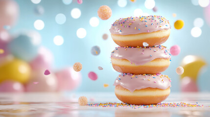Poster - Delightful mini donuts stacked with colorful glazes and sprinkles, surrounded by whimsical atmosphere of pastel balloons and confetti, creating festive mood