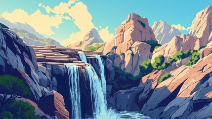 Canvas Print - Majestic Waterfall Cascading Down Rocky Mountainside