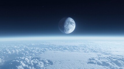 Wall Mural - Celestial Serenity: A Half-Moon's Embrace over a Cloud-Covered Planet