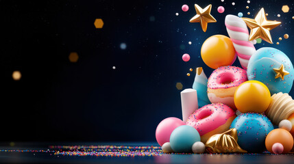 Poster - Colorful donut arrangement with stars and festive decorations, creating joyful and vibrant atmosphere. Perfect for celebrations and sweet treats