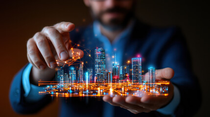 Fototapete - Innovative smart city concept with futuristic skyline and technology